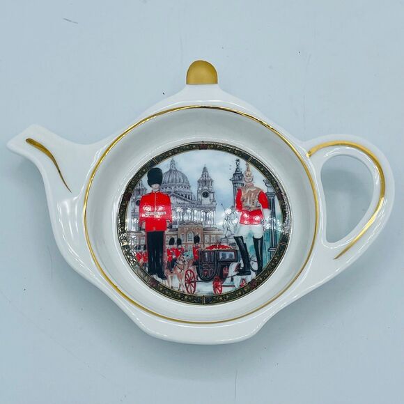 James Sadler HORSEGUARDS British London Themes Teabag Holder Teapot Shape Gold - Picture 1 of 6